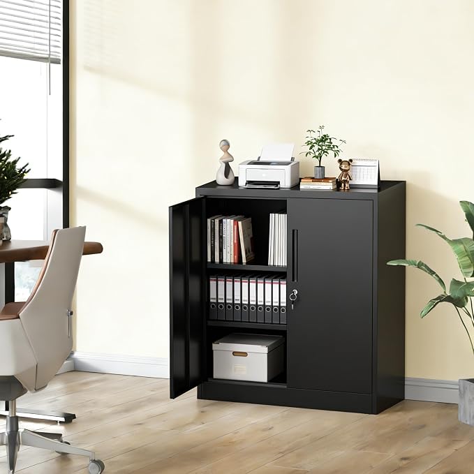 36"H Storage Cabinet with Doors and Shelves, Metal Cabinet with Lock, Steel Locking File Cabinet, Lockable Storage Cabinet, Garage Cabinet, Tool Cabinet for Home, Office,Garage, School, Black
