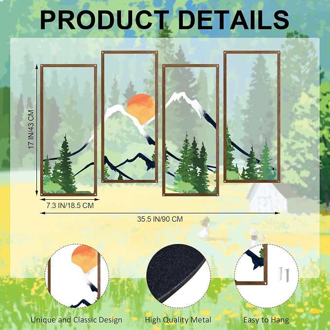 ruelen 4 Pcs Metal Sunset Mountain Forest Wall Art Mountain Line Decor Abstract Minimalist Wall Sculpture Rustic Nature Wall Decor for Home Office Bathroom Bedroom Living Room (Green)