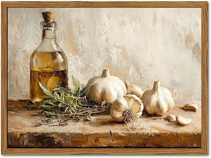 Framed Vintage Kitchen Canvas Wall Art, Rustic Garlic and Herbs Pictures Wall Decor, Neutral Still Life Paintings Prints Aesthetic Home Decor for Farmhouse Dining Room Living Room 16x24 inch