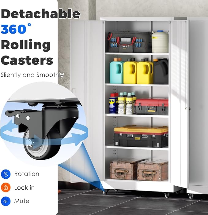 INTERGREAT Metal Storage Cabinet with Wheels, 73" Garage Storage Cabinet with Door and 4 Shelves, Tool Cabinet on Caster for Home, Office, White