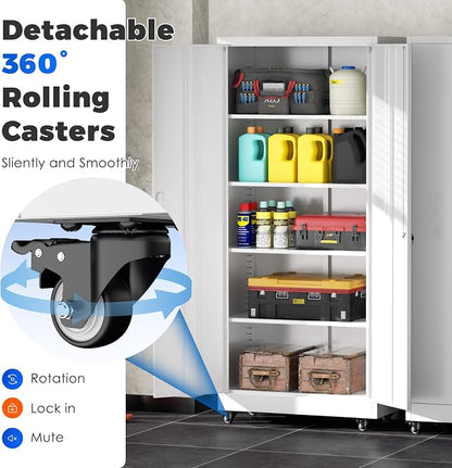 INTERGREAT Metal Storage Cabinet with Wheels, 73" Garage Storage Cabinet with Door and 4 Shelves, Tool Cabinet on Caster for Home, Office, White