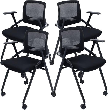 4 Pack Foldable Office Chairs with Wheels, Mesh Back, Arms and Portable - Folding Office Chairs for Conference Room Chair, Office Guest & Reception & Meeting Chair - (Black) 300 lbs.