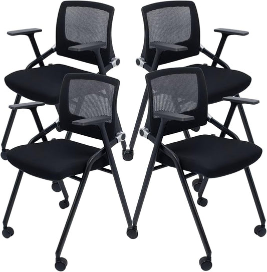 4 Pack Foldable Office Chairs with Wheels, Mesh Back, Arms and Portable - Folding Office Chairs for Conference Room Chair, Office Guest & Reception & Meeting Chair - (Black) 300 lbs.