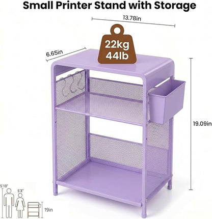 ECOLOVI 3 Tier Printer Stand for Under Desk, Height Adjustable Shelf Small Printer Table with 3 S-Hooks & Basket, Heavy Duty Industrial Storage Shelf for Home Office (Purple Metal)