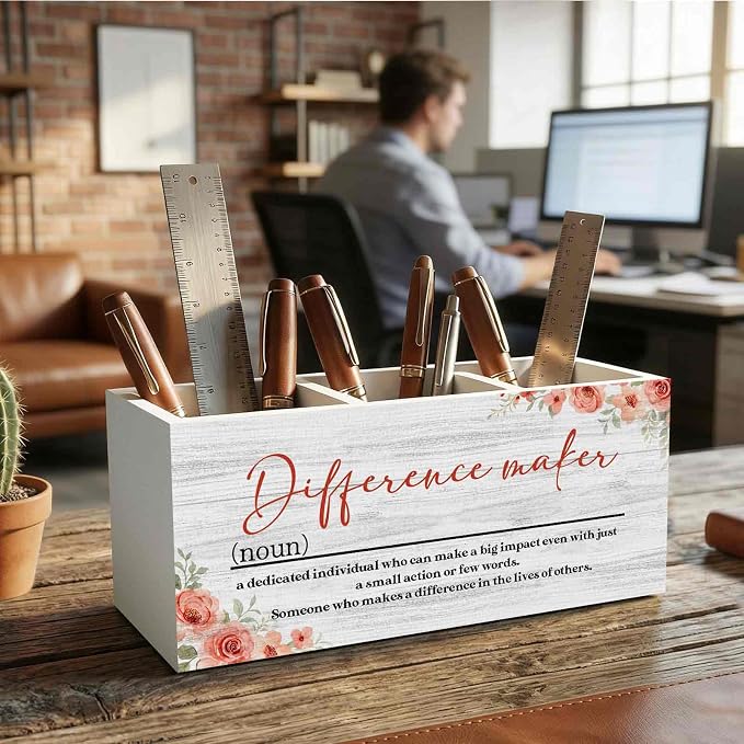 Difference Maker Gift Pencil Pen Holder for Desk Organizer, Thank You Gifts for Teachers Coworkers Boss, Appreciation Gifts Wooden Box Decorations for Home Office Desk Tabletop Decor