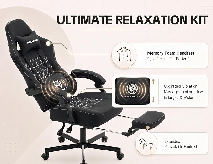 Office Desk Computer Gaming Chair for Adults, Ergonomic High Back Gamer Chair with Massage and Pocket Spring Cushion, Swivel Comfy Video Game Chairs with Footrest and Lumbar Support (Pro Black)