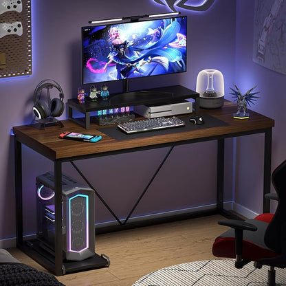 FOLUBAN Modern Computer Desk, Rustic Wood and Metal Study Writing Table, Simple Work Gaming PC Desk for Home Office, Walnut 53 Inch