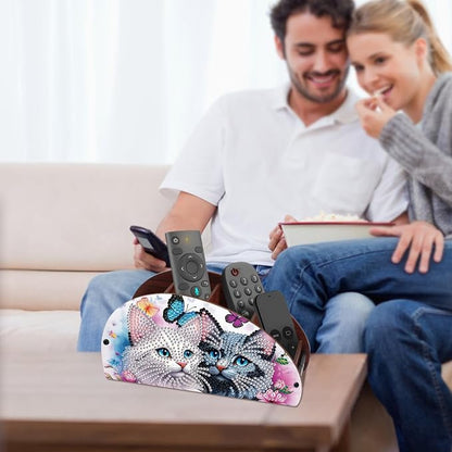 DIY Diamond Painting Storage Box Couple Cats, Handmade 5D Diamond Art Case Multi-Compartment Wooden Desktop Organizer for TV AC Remotes Makeup Brushes Pens Tabletop Holder, Valentine's Day Gift