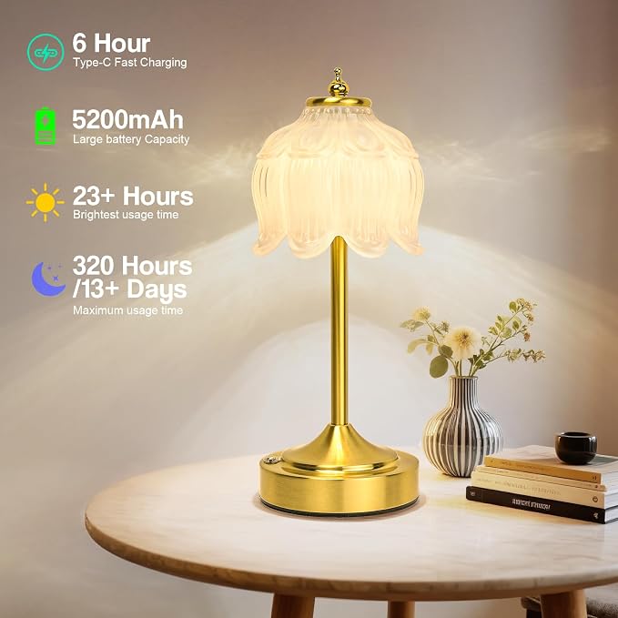 Cordless Lotus Flower Table Lamp, 5200mAh Rechargeable Battery Operated Portable Lamp, 3-Color Dimmable Touch Control Small Desk Lamp for Bedroom, Office, Kitchen, Nightstand,Room Decor(White)