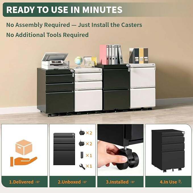 3 Drawer File Cabinet with Lock,Under Desk Filing Cabinet for Home Office Storage Letter/Legal/A4,Mobile Steel Cabinets with Wheels,Fully Assembled,Black