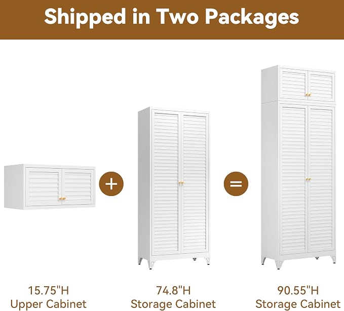 Polup Kitchen Pantry Cabinet, 90" Tall Metal Storage Cabinet, Food Pantry cabinets with Doors and Shelves, Steel Cabinets for Living Room, Dining, White,16" D x 32" W x 90" H, Assembly Required