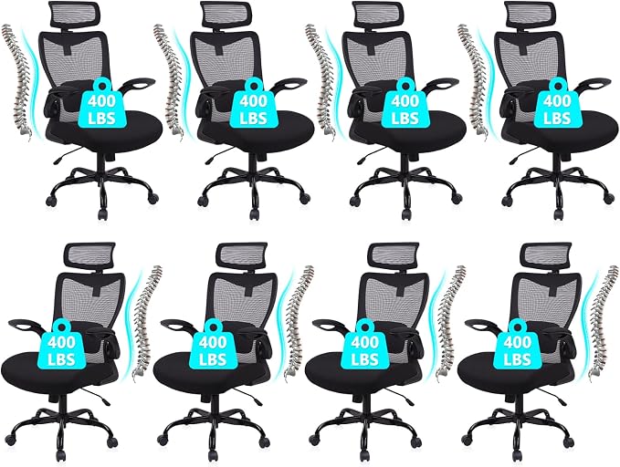 CLATINA Heavy Duty Ergonomic Mesh Office Chair 400LBS, Big and Tall Desk Chair with Adjustable Lumbar Support & Headrest, Flip Up Padded Arms, High Back Computer Chair for Home Office, Black, 8 Pack