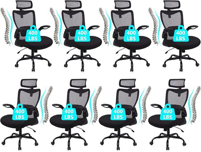 CLATINA Heavy Duty Ergonomic Mesh Office Chair 400LBS, Big and Tall Desk Chair with Adjustable Lumbar Support & Headrest, Flip Up Padded Arms, High Back Computer Chair for Home Office, Black, 8 Pack