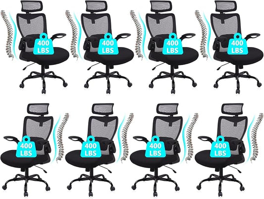 CLATINA Heavy Duty Ergonomic Mesh Office Chair 400LBS, Big and Tall Desk Chair with Adjustable Lumbar Support & Headrest, Flip Up Padded Arms, High Back Computer Chair for Home Office, Black, 8 Pack