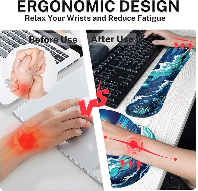 Britimes Moonlight Waves Keyboard Mouse Pad Set Blue Ocean Shark 4in1 Large Mousepad+Keyboard Wrist Rest+Mouse Wrist Rest+Coaster Ergonomic Design for Home Office Computer 35.4x15.7 inches