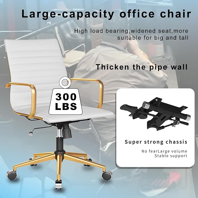 Ergonomic Office Chair White and Gold Leather Desk Chair for Home Office, Mid Century Comfy Executive Computer Chair Adjustable Swivel（1pcs）