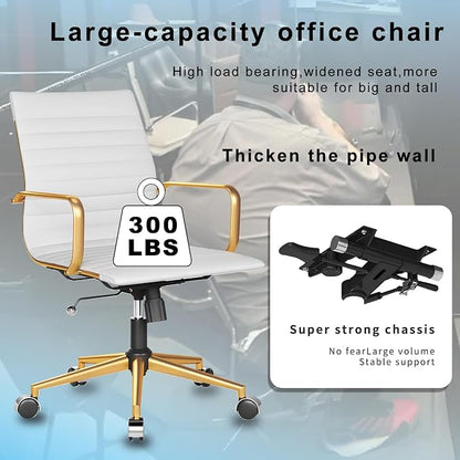 Ergonomic Office Chair White and Gold Leather Desk Chair for Home Office, Mid Century Comfy Executive Computer Chair Adjustable Swivel（1pcs）