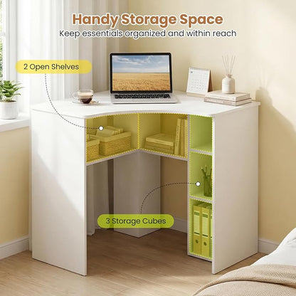 Tangkula White Corner Desk with Charging Station, 90-Degree Triangle Computer Desk with Ergonomic Curved Edge & Open Storage Shelves, Writing Study Desk for Small Spaces Home Office