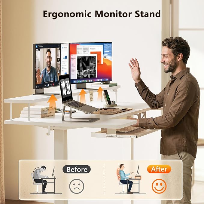 OffiGo U Shaped Electric Standing Desk with Keyboard Tray, 63 Inch Height Adjustable Desk with Power Outlets & LED Lights, Sit Stand Table with Monitor Stand for Home, Office, White