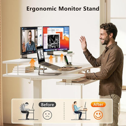 OffiGo U Shaped Electric Standing Desk with Keyboard Tray, 63 Inch Height Adjustable Desk with Power Outlets & LED Lights, Sit Stand Table with Monitor Stand for Home, Office, White