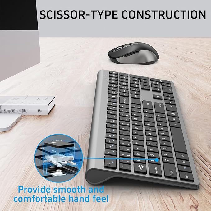 Wireless Mouse and Keyboard Combo, Full-Size Computer Keyboard with Calculator Button, 2400 Dpi Ergonomic Mouse, Ultra-Thin Cordless USB Keyboard and Mouse Set for Laptop Windows Mac - Grey