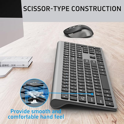 Wireless Mouse and Keyboard Combo, Full-Size Computer Keyboard with Calculator Button, 2400 Dpi Ergonomic Mouse, Ultra-Thin Cordless USB Keyboard and Mouse Set for Laptop Windows Mac - Grey