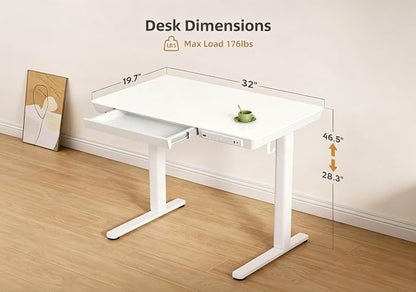 Claiks Small Glass Standing Desk with Drawers & USB Ports, 32 Inch Adjustable Stand Up Desks with Storage, Quick Install One-Piece Computer Desks for Small Space and Home Office, White