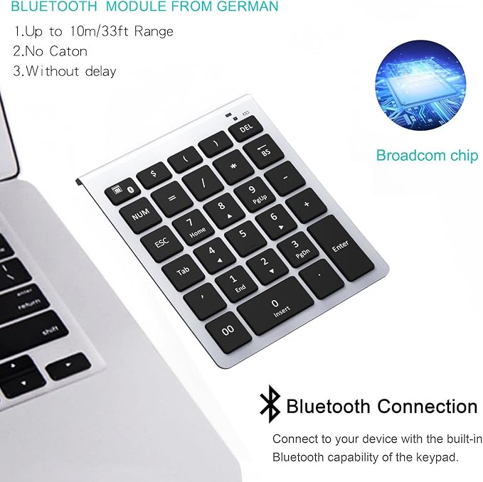 Lekvey Bluetooth Number Pad, 10 Keys Numeric Keypad Portable Wireless Bluetooth Keypad : 28-Key Numpad Extensions for Financial Accounting Data Entry for Laptop Surface Pro Tablets Windows, Silver