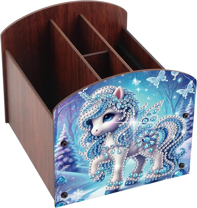 Diamond Painting Wooden Desk Organizer, DIY Diamond Art Storage Box, Crystal Rhinestones Art Kit for Desktop Ornament, Jewelry Box & Pen Holder with Winter Blue Fantasy Design
