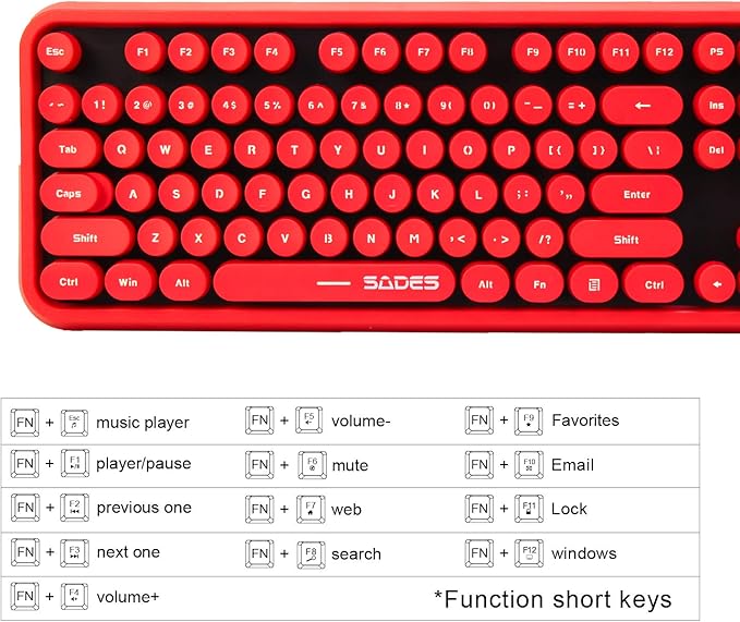 Wireless Keyboard Mouse Combo, 2.4GHz Wireless Typewriter Keyboard with 104 Cute Retro Round Keys, Letton Full Size Keyboard and Mouse with 3 DPI for Computer Mac PC Laptop-Black/Red