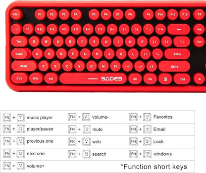 Wireless Keyboard Mouse Combo, 2.4GHz Wireless Typewriter Keyboard with 104 Cute Retro Round Keys, Letton Full Size Keyboard and Mouse with 3 DPI for Computer Mac PC Laptop-Black/Red