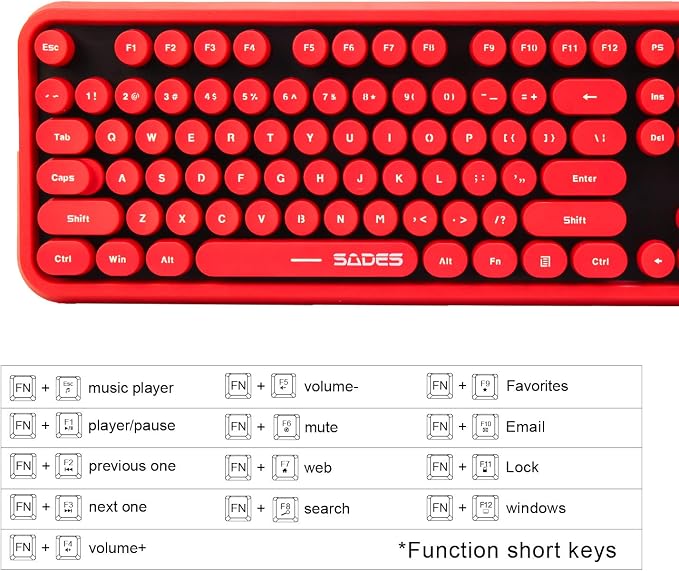 Red Wireless Keyboard and Mouse Combo, Retro Typewriter Style Round Key Keyboard with Bubble Keycaps, 2.4GHz Creamy Clicky Aesthetic Full Size Keyboard with Number Pad for PC Laptop Desktop