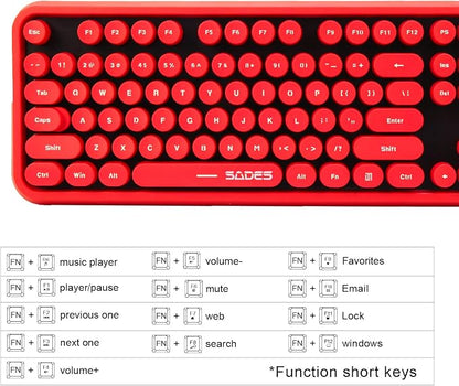 Red Wireless Keyboard and Mouse Combo, Retro Typewriter Style Round Key Keyboard with Bubble Keycaps, 2.4GHz Creamy Clicky Aesthetic Full Size Keyboard with Number Pad for PC Laptop Desktop