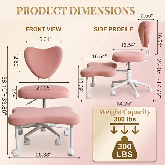Cross Legged Office Chair with Wheels, 360 Swivel Height-Adjustable Meditation Chair with Lumbar Support, Pink
