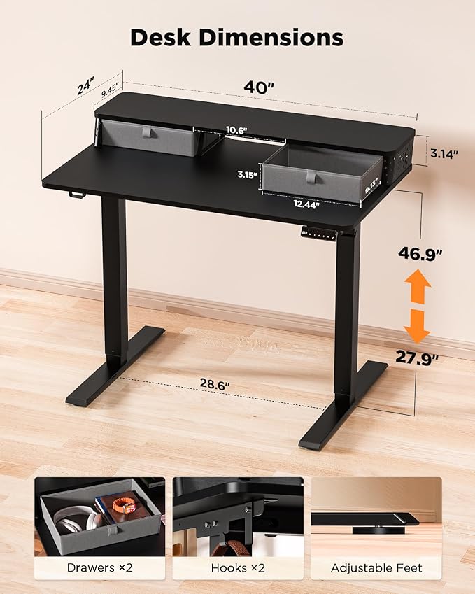 FiCiHi 40x24 Inch Standing Desk with Drawers, C-Clamp Mount Compatible, Electric Adjustable Height Computer Small Stand Up Desks, Home Office Sit Stand Table with 3 Preset Heights, Black