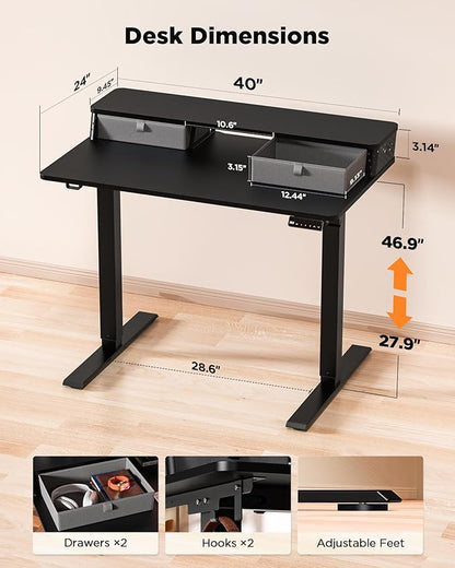 FiCiHi 40x24 Inch Standing Desk with Drawers, C-Clamp Mount Compatible, Electric Adjustable Height Computer Small Stand Up Desks, Home Office Sit Stand Table with 3 Preset Heights, Black