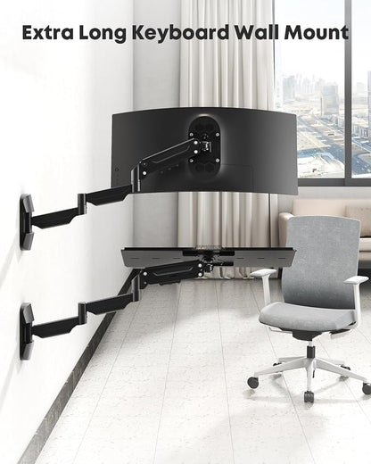 Extra Long Keyboard Wall Mount - 26 Inch Wall Mount Keyboard and Mouse Tray, Full Motion Typing Platform with Spring Arm, Holds up to 19.8 lbs, Black