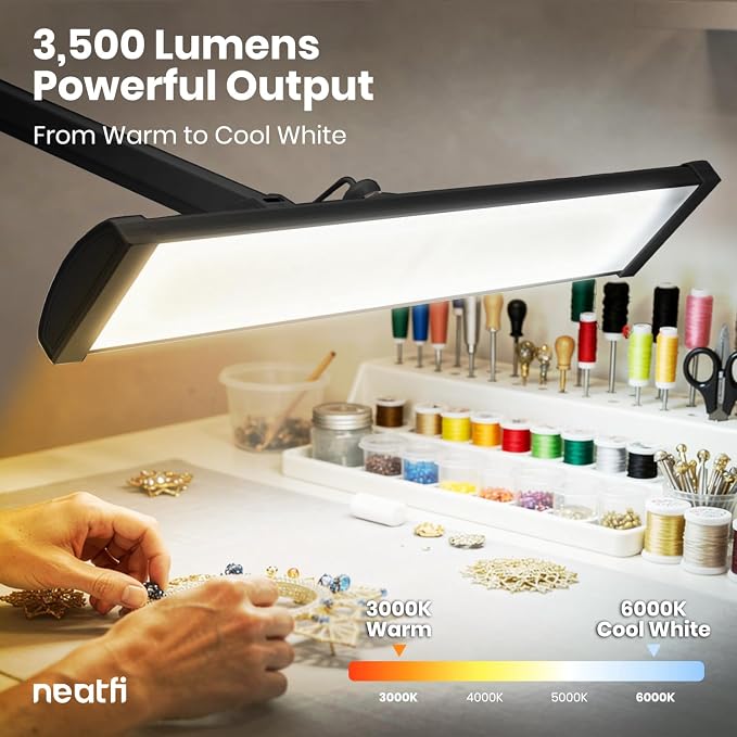 Neatfi 3,500 Lumens LED Desk Lamp – 45W Dimmable Task Light | 3 Light Modes | 540 SMD LEDs | Touch Control | Adjustable Arm | Reading, Craft, Workbench & Office (Black-3, 26-Inch Wide Shade)