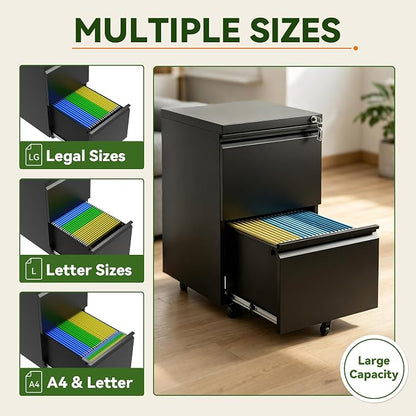 SAWJEC 2 Drawer File Cabinet with Lock, Fully Assembled Rolling Metal Filing Cabinet for Home Office, Fits Letter/Legal/A4, Black, 17" D x 15" W x 26" H