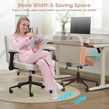 IPKIG Criss Cross Chair with Adjustable Flip-up Arms, Vanity Chair with Wheels, Comfy Desk Chair with Lumbar Pillow Swivel Wide Office Chair for Home Office, Bedroom, Linen, White