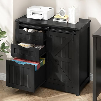 Halitaa Lateral File Cabinets with Adjustable Shelf, Farmhouse Filing Cabinet with Lock for Home Office, Filing Organization Storage Cabinets with Sliding Barn Door for Hanging Files Letter/A4,Black