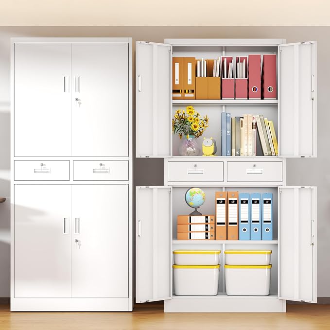 BESFUR Metal Storage Cabinet with 2 Drawers and Adjustable Shelves, 71" H Reinforced Heavy Duty Locking Storage Cabinet for Office, Garage, Home, School, Utility(White)