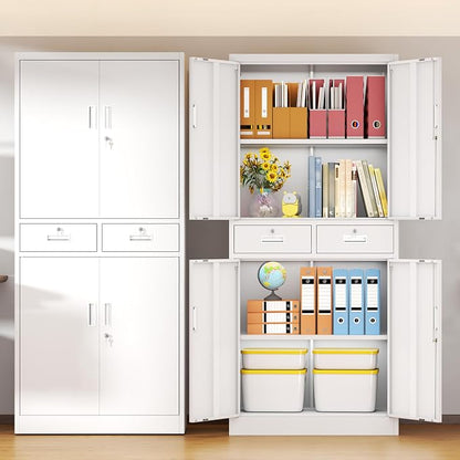 BESFUR Metal Storage Cabinet with 2 Drawers and Adjustable Shelves, 71" H Reinforced Heavy Duty Locking Storage Cabinet for Office, Garage, Home, School, Utility(White)
