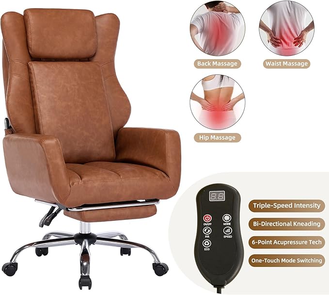 DYHOME Brown Leather Office Chair Cross Legged Sitting with Massage and Footrest, Heavy Duty Desk Chairs, Swivel Ergonomic Computer Gaming Chairs with Lumbar Support, Wheels Flip-up Arms Adjustable