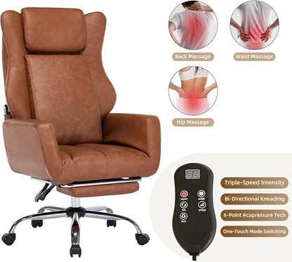 DYHOME Brown Leather Office Chair Cross Legged Sitting with Massage and Footrest, Heavy Duty Desk Chairs, Swivel Ergonomic Computer Gaming Chairs with Lumbar Support, Wheels Flip-up Arms Adjustable