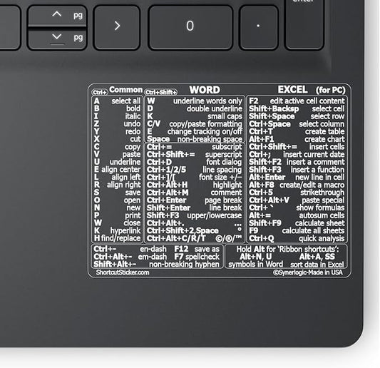 Synerlogic (2pcs) Word/Excel Windows Shortcut Sticker | Reference Guide Keyboard Shortcuts | Work from Home Essentials | Excel Shortcuts Cheat Sheet Laminated Vinyl (Clear/White/Small/2)