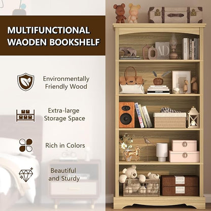 TVU 5-Tier Wooden Bookshelf, 65 Inch Tall Bookshelf with Storage, Floor Standing Modern Style Display Bookcase for Living Room, Office, Study Room, Entryway, Natural Wood Color