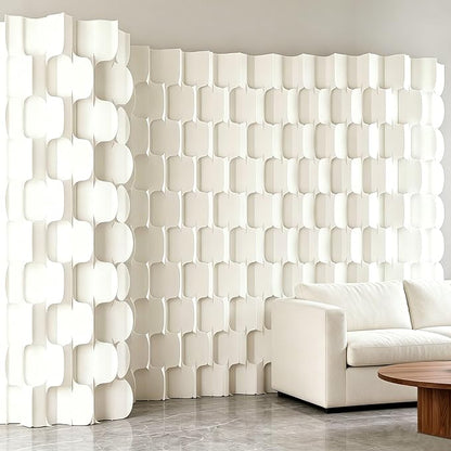 3D Scallop Textured Room Divider, Freestanding Privacy Screen, Modern Accordion Folding Kraft Paper Partition, No Drill, Portable Room Separator for Home, Office, Studio & Salon, White
