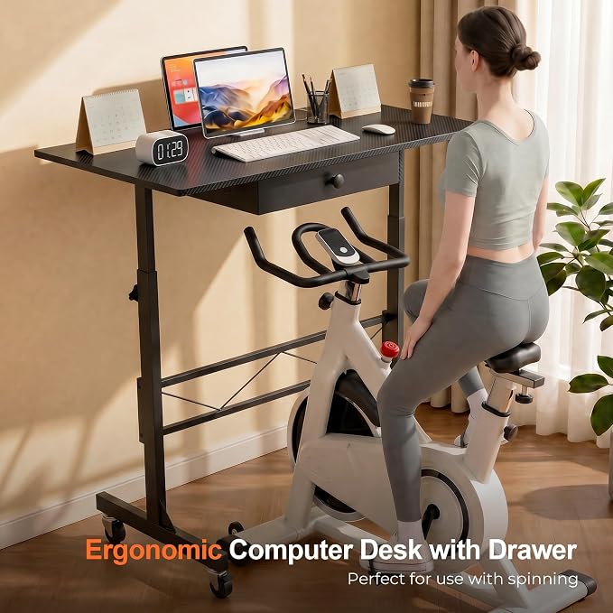 COMHOMA Small Standing Desk with Storage Drawer, Mobile Height Adjustable Rolling Sit Stand Desk with Lockable Wheels 4‑Level Portable Laptop Desk for Small Space Home Office Treadmill Workstation