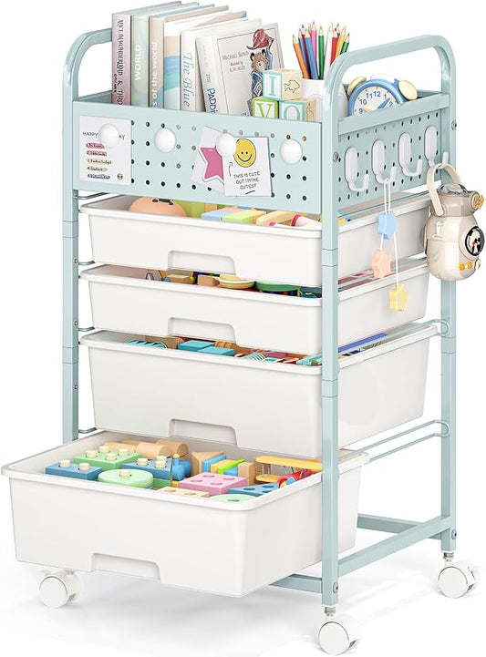 4 Drawer Rolling Storage Cart with Pegboard Top and Hooks, Mobile Organizer Cart with Wheels for Office Supplies, Craft Storage, Classroom Organization, Home Utility Cart, Green